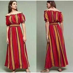 Anthropologie Anupamma Silk Maxi Dress Striped Off Shoulder Red Resortwear XS